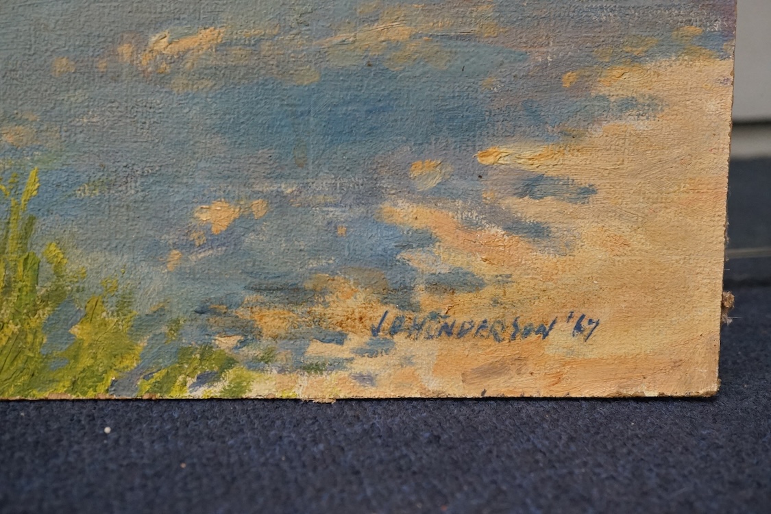 J. Henderson, mid century oil on board, street scene, signed and dated ‘67, unframed. Condition - fair